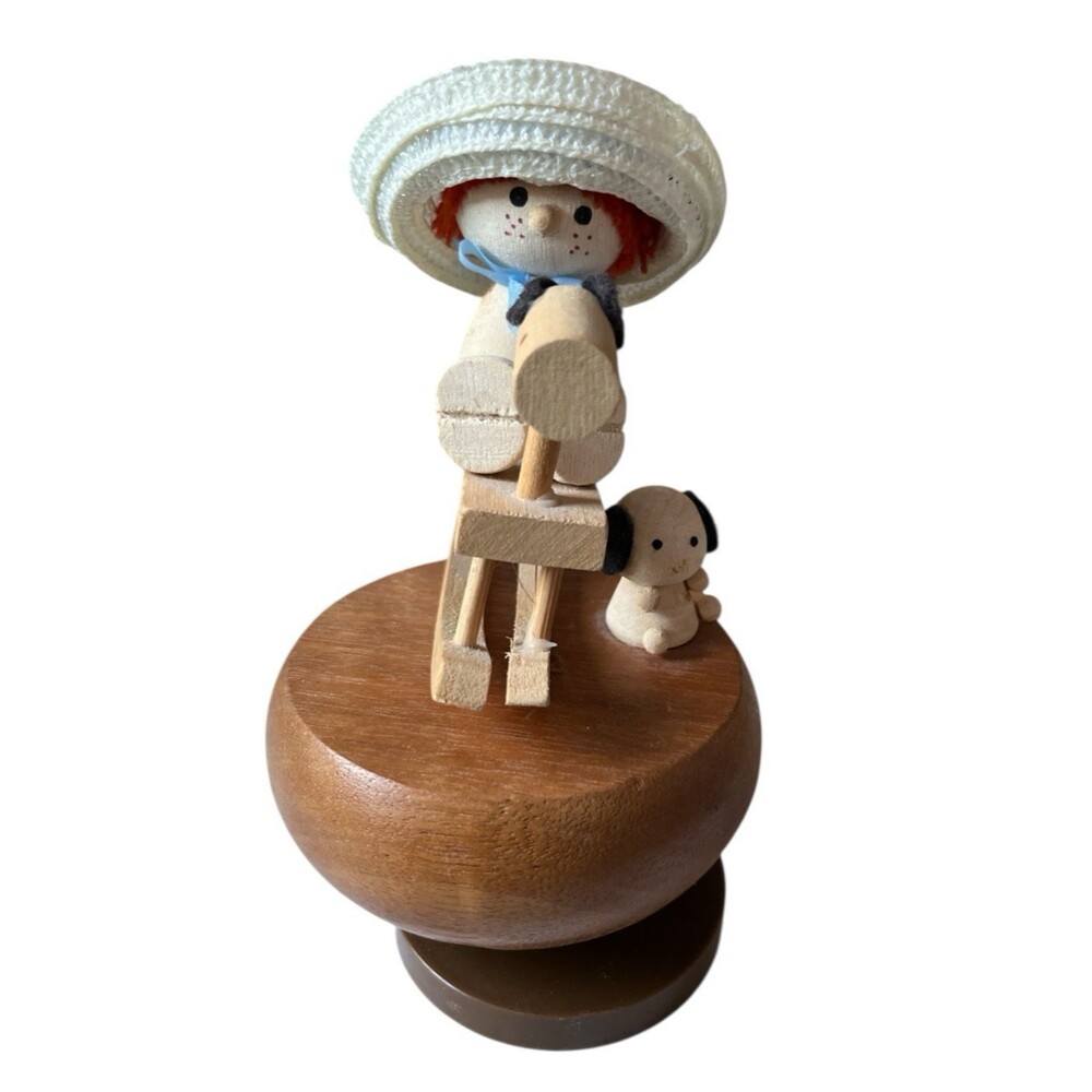 Vintage Wood Music Box Girl Rocking Horse Puppy Figure Wind Up 7 x 4" Works READ
